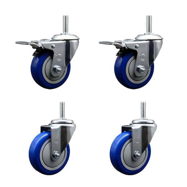 Service Caster 4 Inch Blue Polyurethane Swivel 58 Inch Threaded Stem Caster Set 2 Total Lock Brakes SCC-TSTTL20S414-PPUB-BLUE-58212-2-S2 - main